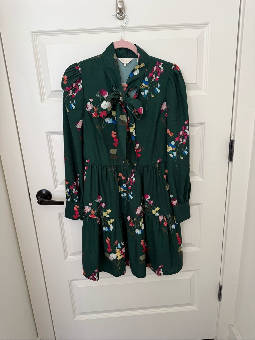 Ted Baker London Emerald Green Floral Tie-Neck Mini Dress